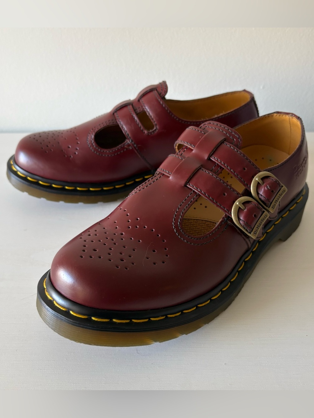 Dr. Martens Burgundy Leather Double T-Strap Mary Jane Brogue Shoes